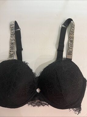 Victoria's Secret Very Sexy Push-Up Bra 34C Black Rhinestone Straps